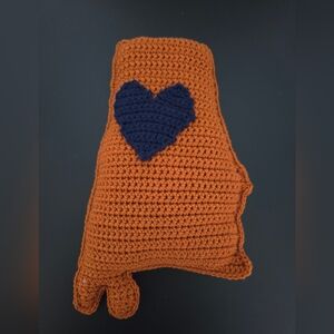 Handmade Orange Crochet Alabama Cuddle Pillow with Navy  Blue Heart